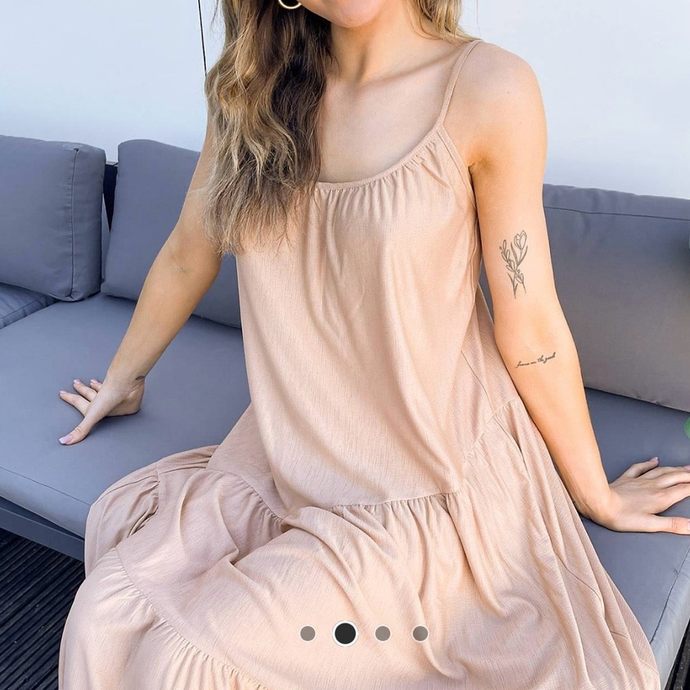 ASOS DESIGN strappy maxi dress with asymmetric hem in tan/nude